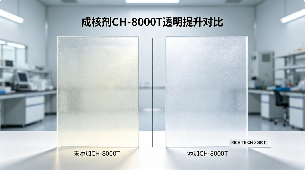 CH-8000T 成核剂透明度提升对比:左为未添加(雾度高),右为添加后(透明清澈)
